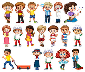 Large set of boys and girls doing different activity on white background