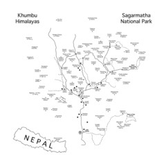 Black and white flat map of tourist hiking routes in Sagarmatha national park in Nepal with all famous mountain peaks, buddhist stupas and villages with guest houses. Everest trek.