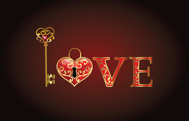 heart-shaped lock and key with Jewelry heart in a vintage style Retro background, Valentine greeting card