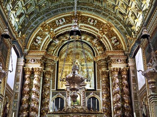 Fototapeta na wymiar Inside the City church of Nazare named Nossa Senhora at the Atlantic ocean coast of Portugal