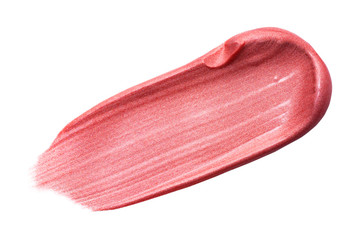 Lip gloss isolated on white. Smudged pink makeup product sample