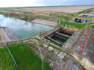 Water pumping station of irrigation system of rice fields. View