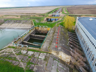 Water pumping station of irrigation system of rice fields. View