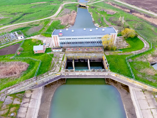 Water pumping station of irrigation system of rice fields. View