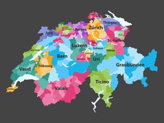 Switzerland vector map colored by cantons with districts boundaries