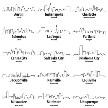United States cities skylines vector outline icons