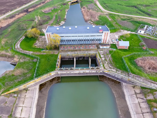 Water pumping station of irrigation system of rice fields. View