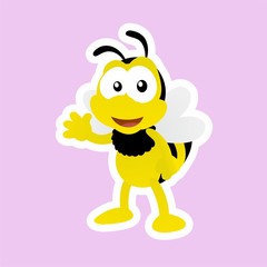 Sticker of Bee Waved With A Smile With Smile Cartoon, Cute Funny Character, Flat Design