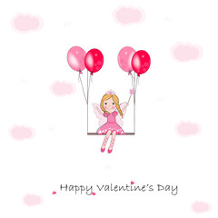 Love fairy with swing. Pink and red ballon and clouds. Happy Valentine's Day greeting card