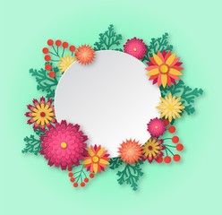 Womens day greeting card. Paper flowers origami bouquet composition with empty round space for texting. 8th march vector background