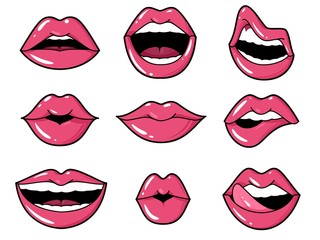 Lips patches. Pop art sexy kiss, smiling woman mouth with red lipstick and tongue. Retro comic 80s stickers vector set