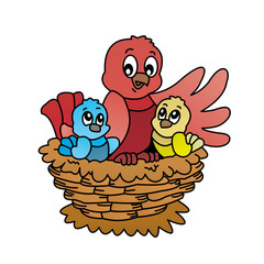 Illustration of Bird With 2 Little Bird Cartoon, Cute Funny Character, Flat Design