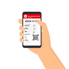 Tickets for the plane on a smartphone vector flat illustration