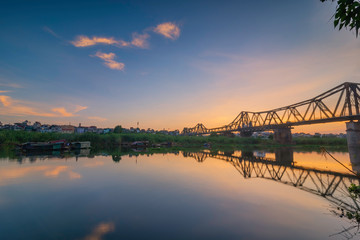 Fototapeta na wymiar Bridge is the first steel bridge across the Red River, built by the French (1898-1902), named for Dormer, under the name of the Governor General of Indochina Paul Dormer
