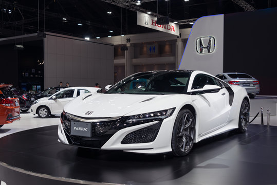 Bangkok, Thailand - November 28, 2018 : Honda NSX white color super car on display in big event car show Motor Expo 2018 IMPACT Arena, Muang Thong Thani in Nonthaburi, Thailand