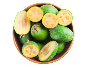Juicy and ripe feijoa isolated on a white background. Healthy autumn fruit.