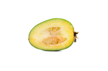 Juicy and ripe feijoa isolated on a white background. Healthy autumn fruit.
