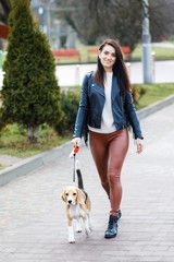 Naklejka premium Young pretty girl walking her cute dog in the park. The girl actively spends her leisure
