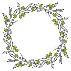 Round vector frame with olive branches. Illustration with place for text, can be used creating card, menu or invitation card.
