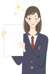学校 フリースペース　書類を見せる女子　結果発表　笑顔のイラスト