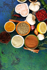 Spices and herbs on table. Food and cuisine ingredients for good cooking