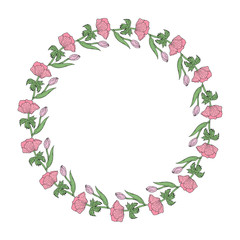 Round frame made of tulip and anemone. Romantic wreath on white background.