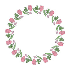 Round frame made of tulip and anemone. Romantic wreath on white background.