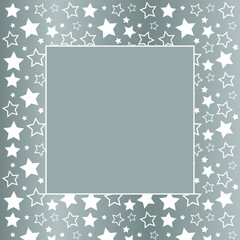 Frame with blank space for text. Border of white stars. silver background. Vector for Christmas and New Year greeting card, banner, invitation, packaging design, copy space