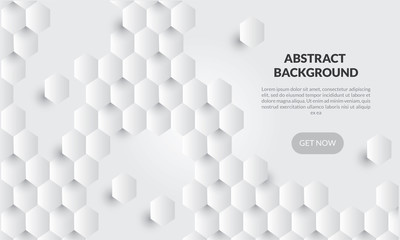 3D Abstract white geometric  shape from gray hexagon .Brick wall squares texture. Panoramic Solid Surface background.Creative design minimal modern wallpaper and banner . Vector Illustr