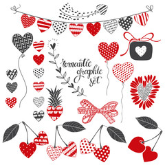 Romantic graphic set, isolated elements for design. Vector illustrations on white. Romantic elements perfect for Valentine's Day, wedding and other romantic events.