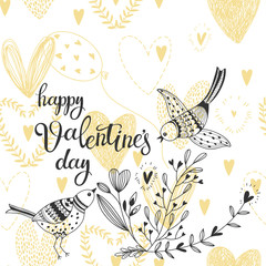 Valentine's Day holidays card with cute birds. Vector cartoon illustration with heart, with cute birds and floral elements on a white background.