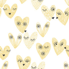 Romantic background with hand-drawn hearts. Seamless vector pattern on white. Can be used in design for Valentines Day, weddings and other romantic events.
