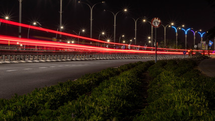 Road car light streaks. Night light painting stripes long exposure landscape of eilat in israel	