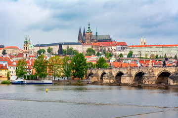 Prague cityscape with Prague Castle and Charles bridge, Czech Republic