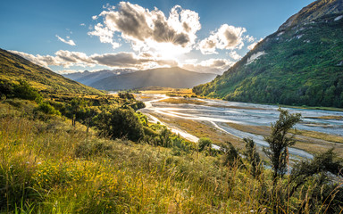 Wandering in wilderness of Mt. Aspiring national park New Zealand. Lord of the rings filming location. Pure wild landscape scenery.