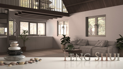 White table shelf with pebble balance and 3d letters making the word feng shui over country studio apartment, living room with sofa, kitchen and parquet, zen concept interior design