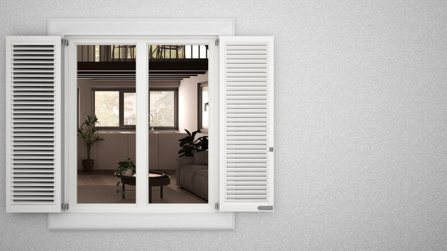 Exterior plaster wall with white window with shutters, showing interior country kitche and lounge, blank background with copy space, architecture design concept idea, mockup template