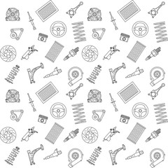 Auto car spare parts seamless pattern. Vector icons illustration. Background and texture in outline style
