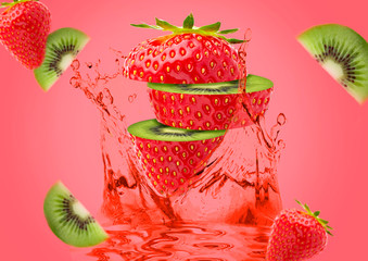Hybrid Strawberry and Kiwi. Sliced strawberries with a center of kiwi on a pink background with...