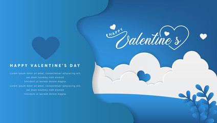 Valentine's day concept background. Vector illustration. 3D blue and white paper hearts with white square frame. cute love sale banner or greeting card