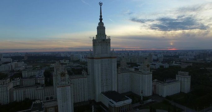 Aerial evening view of Russian capital with Lomonosov Moscow State University