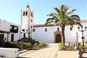 View of the bell tower in Betancuria from the yard. Canary Islands travel photo.