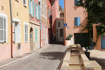 France, Provence , Hyeres, old town street with fountain