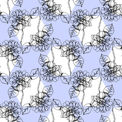 seamless pattern with hand drawn roses on a light blue background with white figures, vector illstrations