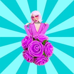 Retro Lady in Disco Fashion Style. Art collage. Party Clubbing concept