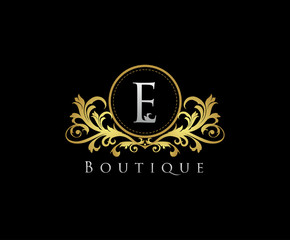 Golden E Boutique Logo Icon, Luxury E Letter Logo Design.