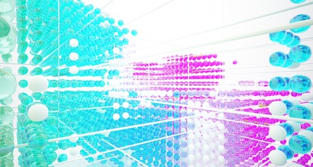 Abstract white interior from array colored gradient glasses spheres with large window. 3D illustration and rendering.
