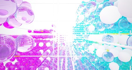 Abstract white interior from array colored gradient glasses spheres with large window. 3D illustration and rendering.
