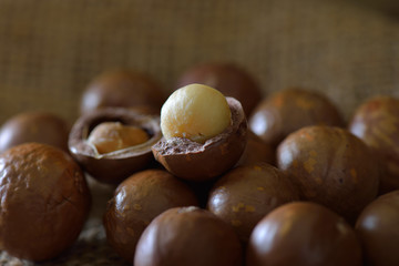 Macadamia nut on sackcloth