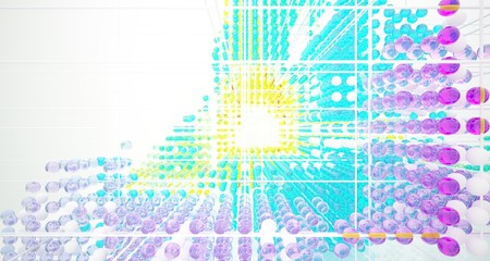 Abstract white interior from array colored gradient glasses spheres with large window. 3D illustration and rendering.